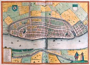 Kampen en de rivier IJssel, Nederland (gravure) door Franz Hogenberg