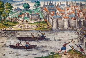 Bloedbaden van Tours, juli 1562 tijdens de Godsdienstoorlogen tegen de Hugenoten, gravure door Franz Hogenberg, Frankrijk door Franz Hogenberg