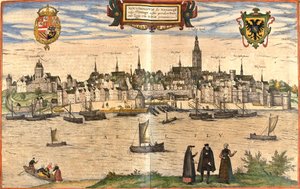 Gezicht op Nijmegen (Noviomagium), Nederland door Franz Hogenberg