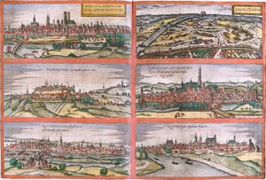 Gezichten van München (Monacum) Ingolstadt (Ingolstadium), Freising (Frisingensis), Nordlingen (Nordlinga), Regensburg (Ratispona) en Straubing (Stravbinga), Duitsland door Franz Hogenberg