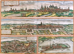 Gezichten van Neurenberg (Nurnberga), Ulm (Ulma), Lindau (Lindola), Duitsland en Salzburg (Salisburgensis) in Oostenrijk door Franz Hogenberg