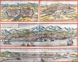 Gezichten van Parma (Parma), Siena (Sena), Palermo (Panhormus) en Trapani (Drepanum) (Sicilië), Italië