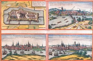 Zichten van Wittenburg (Wittenburga), Frankfurt (Francfordiensis), Wismar (Wismaria) en Rostock (Rostochium), Duitsland door Franz Hogenberg
