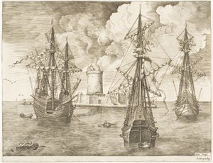 Viermaster en Twee Drie-Masters Voor Anker bij een Versterkt Eiland met een Vuurtoren, uit De Zeilschepen