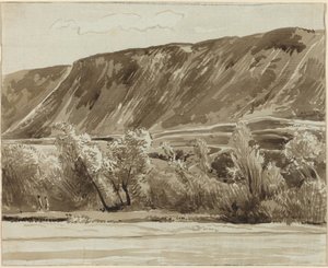 Een Rivieroever met Bergen in de Verte