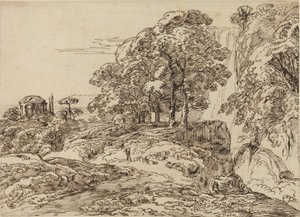 Pastoraal Landschap met een Waterval en een Tempel