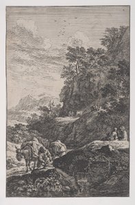 Boer die de hoef van zijn muilezel controleert bij een stroom, ca. 1700-25 door Franz Joachim Beich
