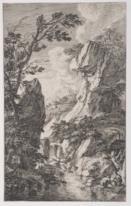 Plaat 4: twee vissers aan de oever van een stroom rechts, een waterval in het midden, ca. 1700-25 door Franz Joachim Beich