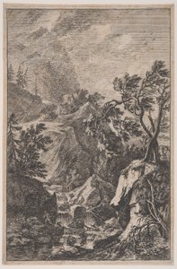 Plaat 6: twee mannelijke figuren staand op een rots rechts, een waterval in het midden, ca. 1700-25 door Franz Joachim Beich