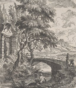 Plaat 7: twee figuren rechts op het punt een stenen brug over te steken, een visser op de voorgrond, ca. 1700-1725 door Franz Joachim Beich
