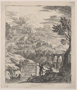 Twee herders rustend naast een voetstuk, een aquaduct rechts op de achtergrond, ca. 1700-25 door Franz Joachim Beich