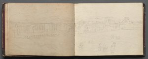 Album met Zichten op Rome en Omgeving, Landschapsstudies, pagina 08b en 09a: Panoramisch Zicht op Rome