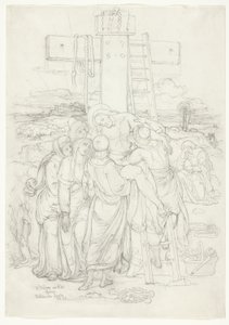 Afdaling van het kruis met een silhouet van Jeruzalem op de achtergrond door Franz Johann Heinrich Nadorp