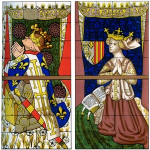 Fragment van een glas-in-loodraam in de kathedraal van Le Mans, Mans, Frankrijk, 1849