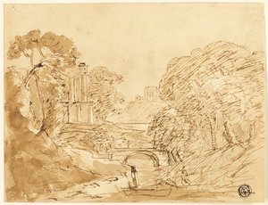 Landschap met brug en ruïnes door Franz Kobell