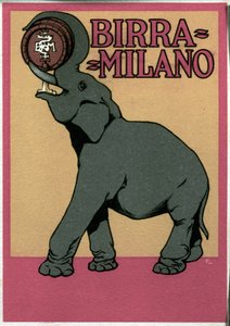 Reclameposter voor Milano bier geïllustreerd door Franz Laskoff met een olifant die met zijn slurf direct uit het vat drinkt. 20e eeuw