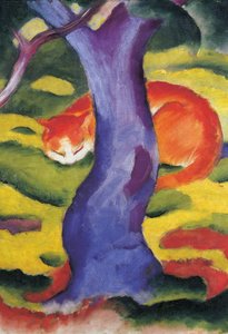 Kat achter boom, 50x70 cm door Franz Marc