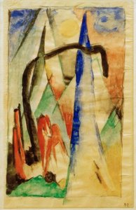 Paard in landschap met scherpe vormen door Franz Marc