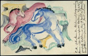 "Rood en blauw paard", Franz Marc uit Sindelsdorf aan Wassily Kandinsky in München: Ansichtkaart, poststempel 05.04.1913 door Franz Marc