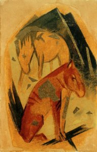 Twee paarden voor blauwe berg door Franz Marc