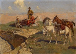 Kaukasische ruiters in rust, 1917 door Franz Roubaud