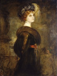Portret van een dame, staand driekwart lengte