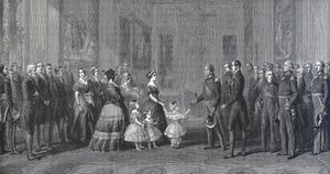 De koningin van Engeland Victoria ontvangt Louis-Philippe I, koning van Frankrijk in Windsor Castle, 8 oktober 1844. Gravure naar een schilderij van Winterhalter
