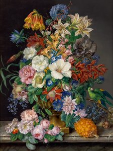 Bloemenstuk met ananas, druiven en papegaai door Franz Xaver Petter