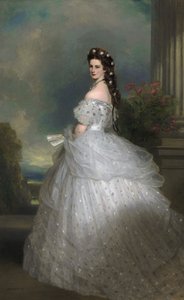 Portugees: Keizerin Elisabeth van Oostenrijk: haar haar is versierd met witgouden sterren bezet met diamanten. Keizerin Elisabeth van Oostenrijk in hoofse galakleding met diamanten sterren door Franz Xaver Winterhalter
