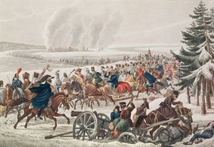 Het Franse leger trekt zich terug over de rivier Berezina, 26 november 1812, gegraveerd door J.A. Klein