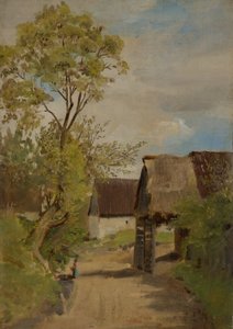 Dorpsstraat in Aresing (?) met vrouwelijke figuur door Franz von Lenbach