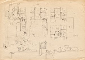 Ontwerpschetsen voor Matschs ateliervilla - plattegronden en dakconstructie door Franz von Matsch
