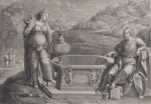 Christus, zittend rechts, en de vrouw van Samaria, staand links