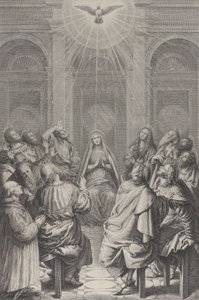 Pinksteren, met de apostelen en de Maagd zittend in een cirkel, de Heilige Geest door Frédéric Horthemels