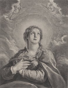 De Maagd, handen gevouwen op haar borst, omhoog kijkend, 1729-1740 door Frédéric Horthemels