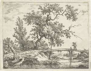 Landschap met man op brug door Frédéric Théodore Faber