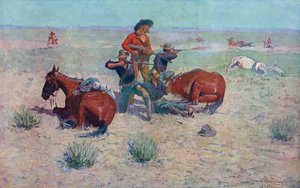 Indianen vallen cowboys aan. Frederic Remington. door Frederic (after) Remington
