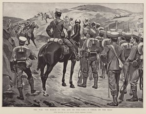 De oorlog, de mars van de Jappen op Ping-Yang, een controle op de weg (litho)