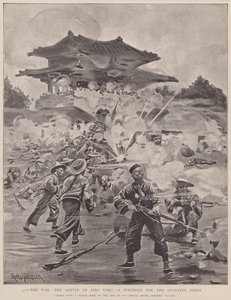 De oorlog, de slag om Ping Yang, een strijd om de buitenforten (litho) door Frederic (after) Villiers