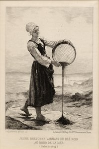 Een jonge Bretonse die boekweit wannen aan de kust, gegraveerd door Cadart in 1874 door Frederic Auguste Laguillermie