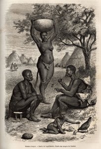 Typen en activiteiten van vrouwen Bongos (Centraal-Soedan), met hun metalen versieringen, bellen en nietjes die ze op hun oren en lippen zetten, gravure naar de tekening van Laguillermie, ter illustratie van de reis naar het hart van Afrika in 1868-1871, d door Frederic Auguste Laguillermie