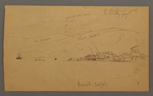 Tekening, Baai met huizen, bergen erachter, januari 1868 door Frederic Edwin Church