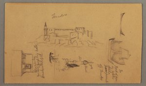Tekening, Kasteel, Minaret, Zeilboten, Huis, mei 1868 door Frederic Edwin Church