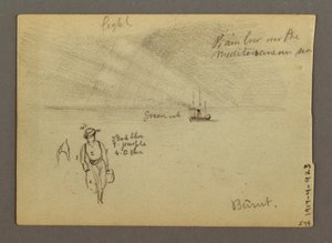 Tekening, Kasteel aan het water, boot, bomen, mogelijk 1868 door Frederic Edwin Church