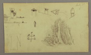 Tekening, Schoorstenen, Watervallen, Figuur, etc., juli mogelijk 1868 door Frederic Edwin Church