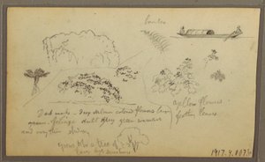 Tekening, Kerk, torens; Verso: Figuren in kano, Botanische schetsen, 1857