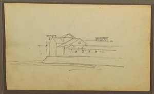 Tekening, Kerk, torens; Verso: Figuren in kano, Botanische schetsen, 1857 door Frederic Edwin Church