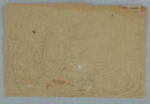 Tekening, Bewolkte lucht boven heuvelachtig landschap; Verso: Volle maan weerspiegeld in een beek, 1845-50 door Frederic Edwin Church