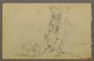 Tekening, Boerderijgebouwen in de verte, 1844 door Frederic Edwin Church