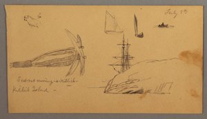 Tekening, Hond, zeilbootstudies, anker, kliffen, mogelijk 8 juli 1859 door Frederic Edwin Church
